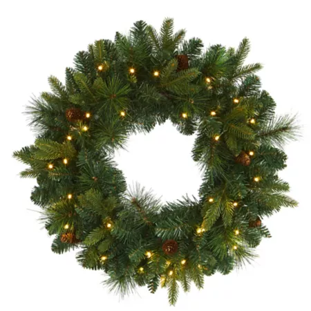 Nearly Natural 24" Pre-Lit Mixed Pine Artificial Christmas Wreath with Clear LED Lights and Pine Cones Artificial Christmas Wreaths