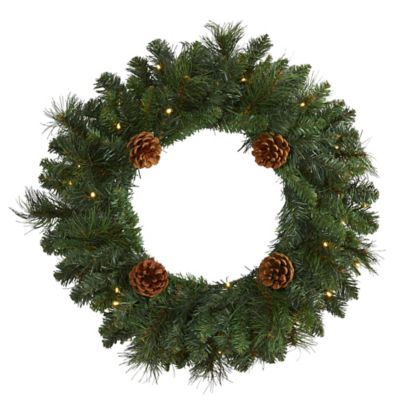 Nearly Natural 20 in. Pre-Lit Pine Artificial Christmas Wreath with Pine Cones