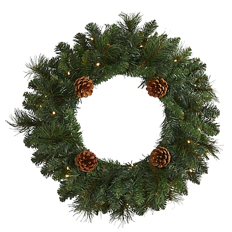 Nearly Natural 20 in. Pine Artificial Christmas Wreath with LED Lights and Pine Cones
