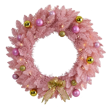 Nearly Natural 24 in. Pink Artificial Christmas Wreath with LED Lights and Ornaments