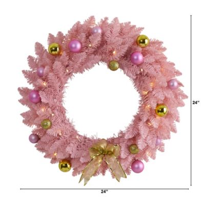 Image showing  24 in. Pre-Lit Pink Artificial Christmas Wreath with Ornaments