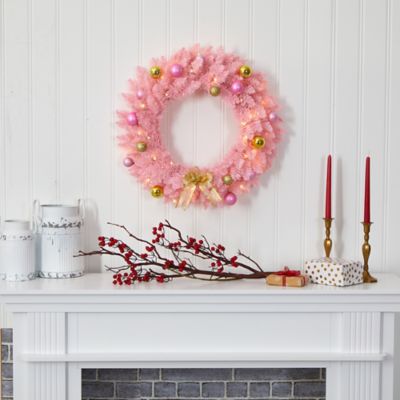 Image showing  24 in. Pre-Lit Pink Artificial Christmas Wreath with Ornaments
