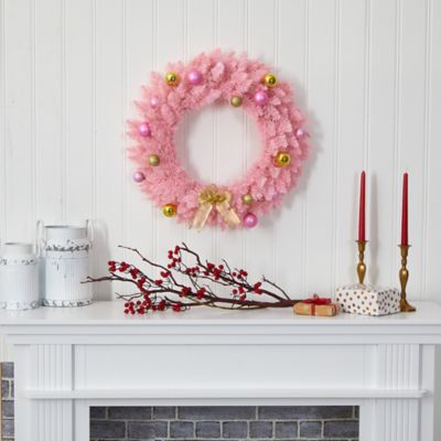 Image showing  24 in. Pre-Lit Pink Artificial Christmas Wreath with Ornaments