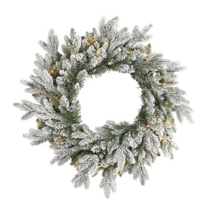 Nearly Natural 24 in. Flocked Artificial Christmas Wreath with LED Lights