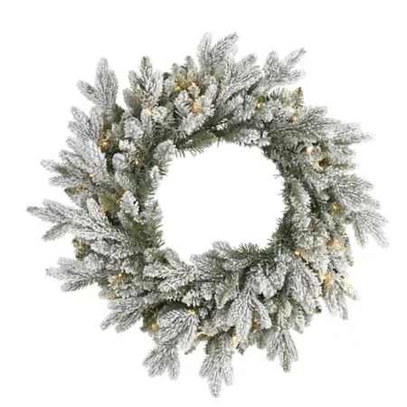 Nearly Natural 24 in Flocked Artificial Christmas Wreath with LED Lights Artificial Christmas Wreaths