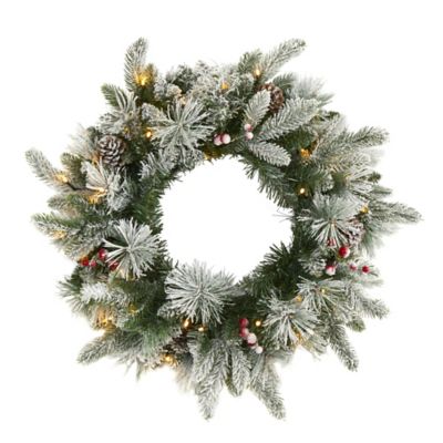 Nearly Natural 20 in. Flocked Mixed Pine Artificial Christmas Wreath with LED Lights, Pine Cones and Berries