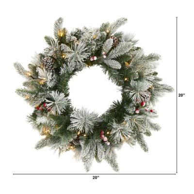 Image showing  20 in. Pre-Lit Flocked Mixed Pine Artificial Christmas Wreath with Pine Cones and Berries