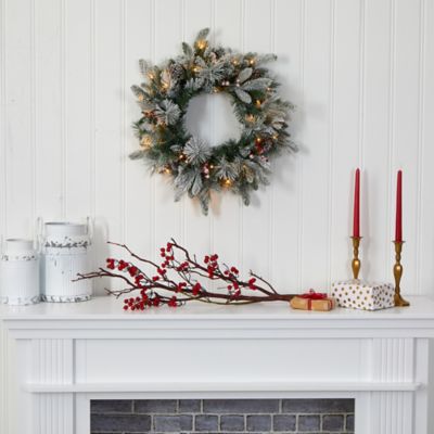 Image showing  20 in. Pre-Lit Flocked Mixed Pine Artificial Christmas Wreath with Pine Cones and Berries