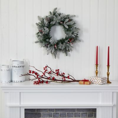 Image showing  20 in. Pre-Lit Flocked Mixed Pine Artificial Christmas Wreath with Pine Cones and Berries