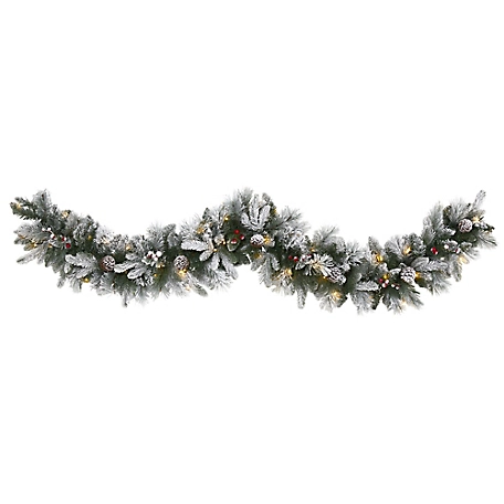 Nearly Natural 6 ft. Flocked Mixed Pine Artificial Christmas Garland with LED Lights, Pine Cones and Berries