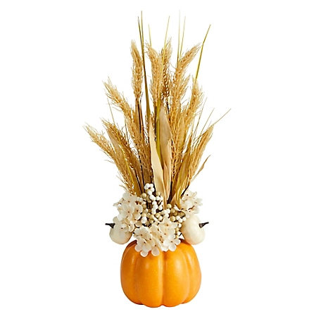 Nearly Natural 21 in. Autumn Dried Wheat and Pumpkin Artificial Fall Table Arrangement in Decorative Pumpkin Vase