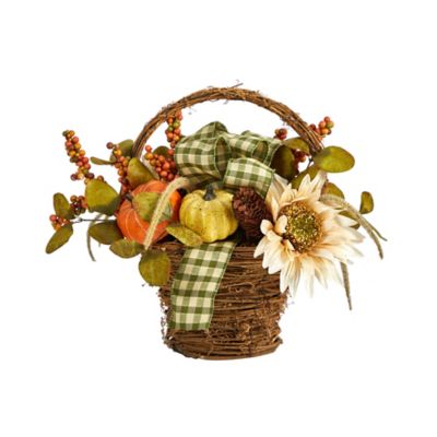 Nearly Natural 16 in. Fall Pumpkin, Gourds and Berries Artificial Autumn Arrangement