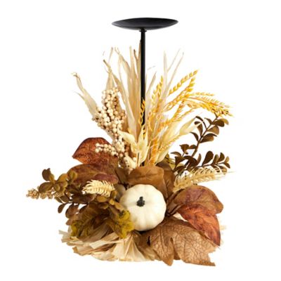 Nearly Natural 12 in. Autumn Harvest and Pumpkin Fall Candle Holder