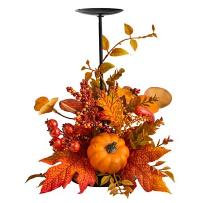 Nearly Natural 12 in. Fall Maple Leaves, Berries and Pumpkin Autumn Harvest Candle Holder