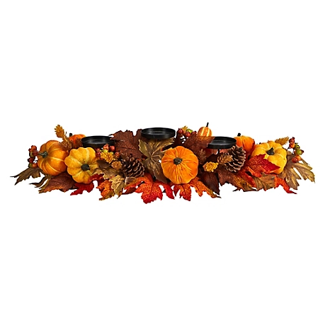 Nearly Natural 36 in. Maple Leaves, Pumpkin and Berries Fall Harvest Candelabrum Arrangement