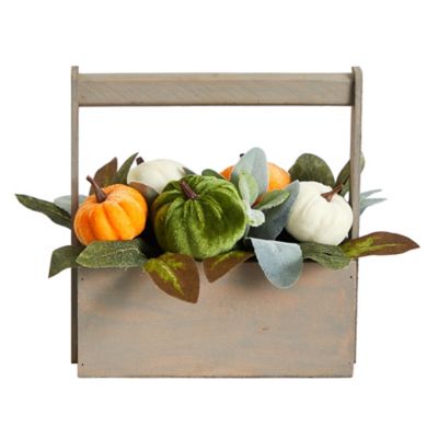 Nearly Natural 10 in. Fall Pumpkin Artificial Autumn Arrangement in Wood Basket