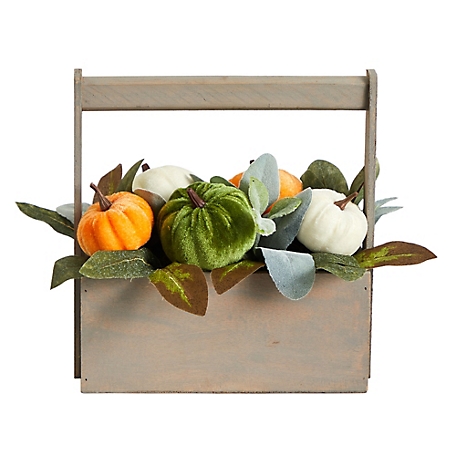 Nearly Natural 10 in. Fall Pumpkin Artificial Autumn Arrangement in Wood Basket