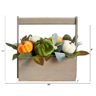 Image showing  10 in. Fall Pumpkin Artificial Autumn Arrangement in Wood Basket