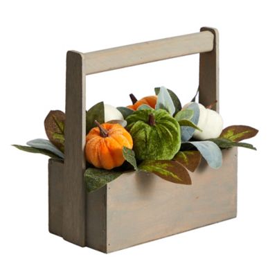 Image showing  10 in. Fall Pumpkin Artificial Autumn Arrangement in Wood Basket