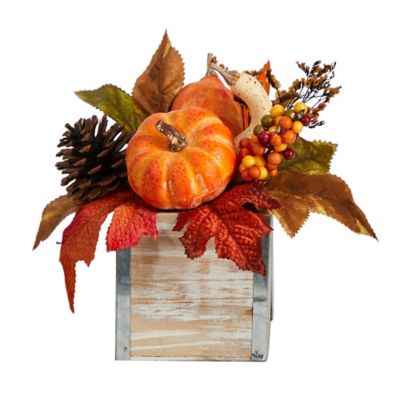 Nearly Natural 8 in. Fall Pumpkin, Gourd, Berries and Pine Cones Artificial Autumn Arrangement in Natural Washed Vase