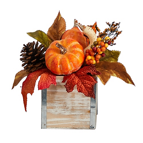 Nearly Natural 8 in. Fall Pumpkin, Gourd, Berries and Pine Cones Artificial Autumn Arrangement in Natural Washed Vase