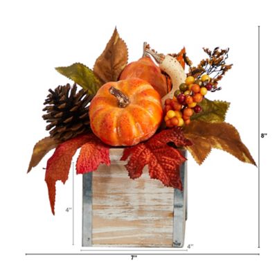 Image showing  8 in. Fall Pumpkin, Gourd, Berries and Pine Cones Artificial Autumn Arrangement in Natural Washed Vase