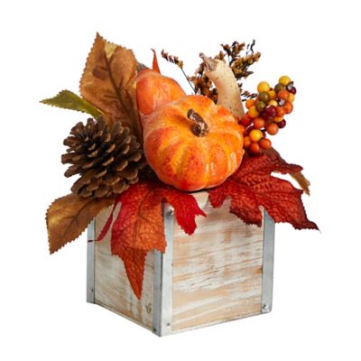 Image showing  8 in. Fall Pumpkin, Gourd, Berries and Pine Cones Artificial Autumn Arrangement in Natural Washed Vase