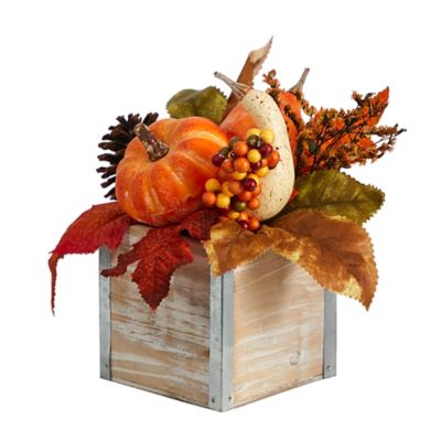 Image showing  8 in. Fall Pumpkin, Gourd, Berries and Pine Cones Artificial Autumn Arrangement in Natural Washed Vase