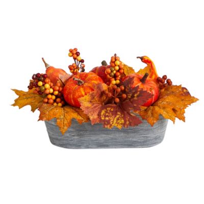 Nearly Natural 12 in. Fall Pumpkin and Berries Autumn Harvest Artificial Arrangement in Washed Vase