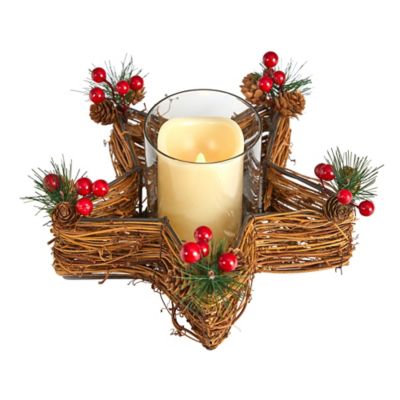 Nearly Natural 11 in. Christmas Table Arrangement with Holiday Star Twig Candle Holder and LED Candle