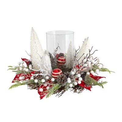 Nearly Natural 15 in. Holiday Lighted Forest Candle Holder Table Christmas Artificial Arrangement