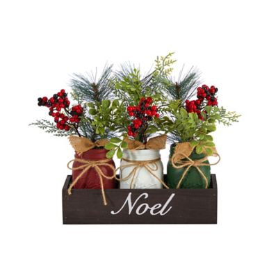 Nearly Natural 12 in. Artificial Holiday Winter Pine and Berries Table Arrangement in Mason Jars and Noel Box, 3 pc.