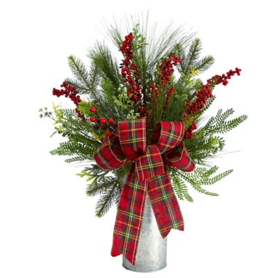 Nearly Natural 28 in. Holiday Winter Greenery, Berries and Plaid Bow Artificial Christmas Arrangement, Home Decor