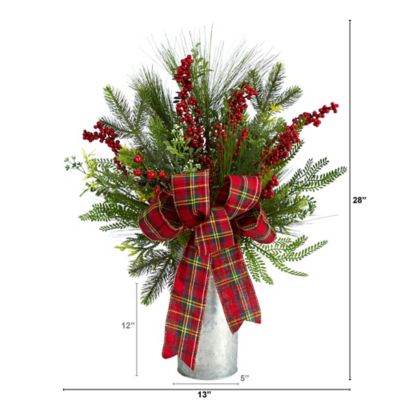 Image showing  28 in. Artificial Christmas Arrangement with Berries and Plaid Bow