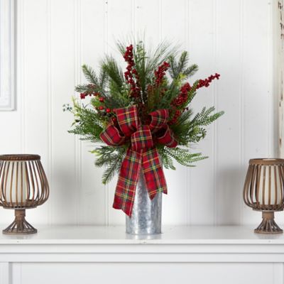 Image showing  28 in. Artificial Christmas Arrangement with Berries and Plaid Bow