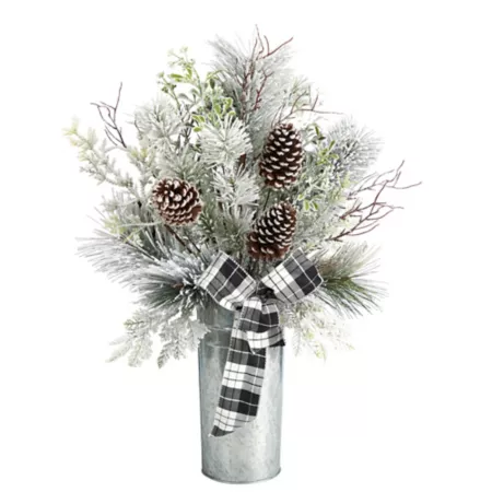 Nearly Natural 28 in Artificial Christmas Arrangement with Frosted Greenery and Pine Cone with Checkered Bow in Decorative Box Artificial Christmas Plants