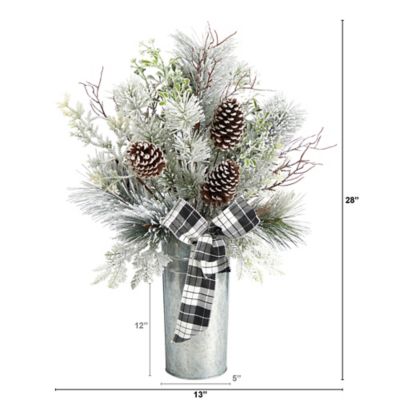 Image showing  28 in. Frosted Greenery and Pine Cone with Plaid Bow Artificial Christmas Arrangement in Decorative Tin