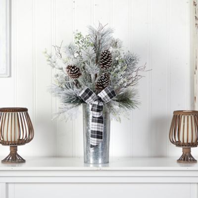 Image showing  28 in. Frosted Greenery and Pine Cone with Plaid Bow Artificial Christmas Arrangement in Decorative Tin
