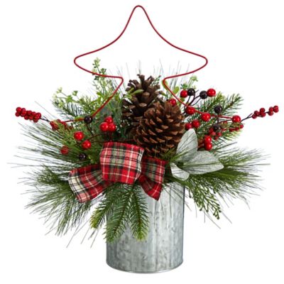 Nearly Natural 17 in. Pine Cone and Berries Artificial Christmas Arrangement with Decorative Metal Vase and Wire Red Tree