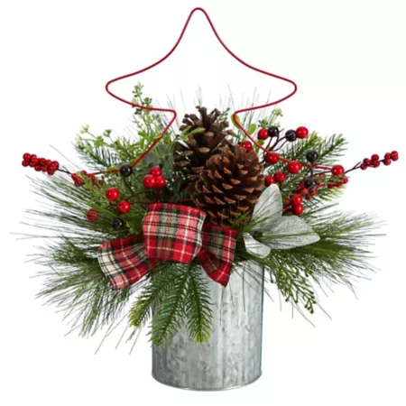 Nearly Natural 17 in Artificial Christmas Pinecone and Berry Arrangement with Decorative Metal Vase and Red Wire Tree Artificial Christmas Plants