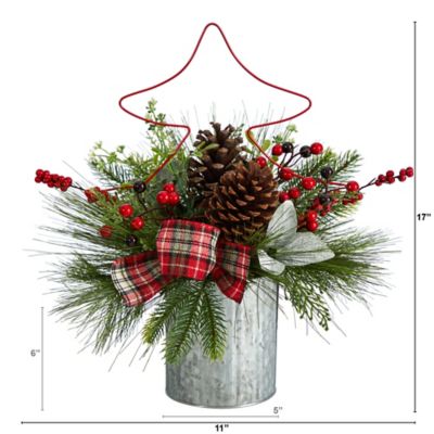 Image showing  17 in. Pine Cone and Berries Artificial Christmas Arrangement with Decorative Metal Vase and Wire Red Tree