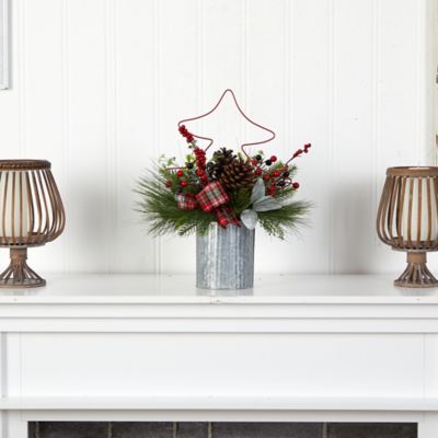 Image showing  17 in. Pine Cone and Berries Artificial Christmas Arrangement with Decorative Metal Vase and Wire Red Tree