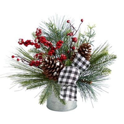 Nearly Natural 12 in. Frosted Pine Cones and Berries Artificial Arrangement in Vase with Decorative Plaid Bow