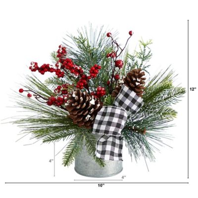 Image showing  12 in. Artificial Arrangement in Vase with Plaid Bow, Frosted Pine Cones and Berries