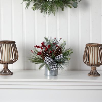 Image showing  12 in. Artificial Arrangement in Vase with Plaid Bow, Frosted Pine Cones and Berries