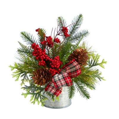 Nearly Natural 12 in. Holiday Winter Pine Cones, Berries, Greenery and Plaid Bow Artificial Christmas Table Arrangement