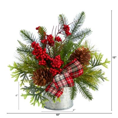 Image showing  12 in. Holiday Winter Pine Cones, Berries, Greenery and Plaid Bow Artificial Christmas Table Arrangement