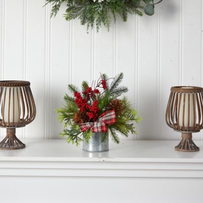 Image showing  12 in. Holiday Winter Pine Cones, Berries, Greenery and Plaid Bow Artificial Christmas Table Arrangement