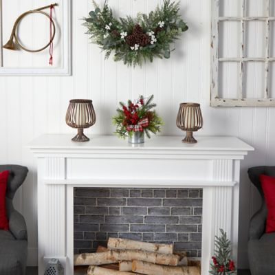 Image showing  12 in. Holiday Winter Pine Cones, Berries, Greenery and Plaid Bow Artificial Christmas Table Arrangement