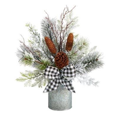 Nearly Natural 20 in. Holiday Winter Greenery, Pine Cones and Gingham Plaid Bow Table Christmas Arrangement